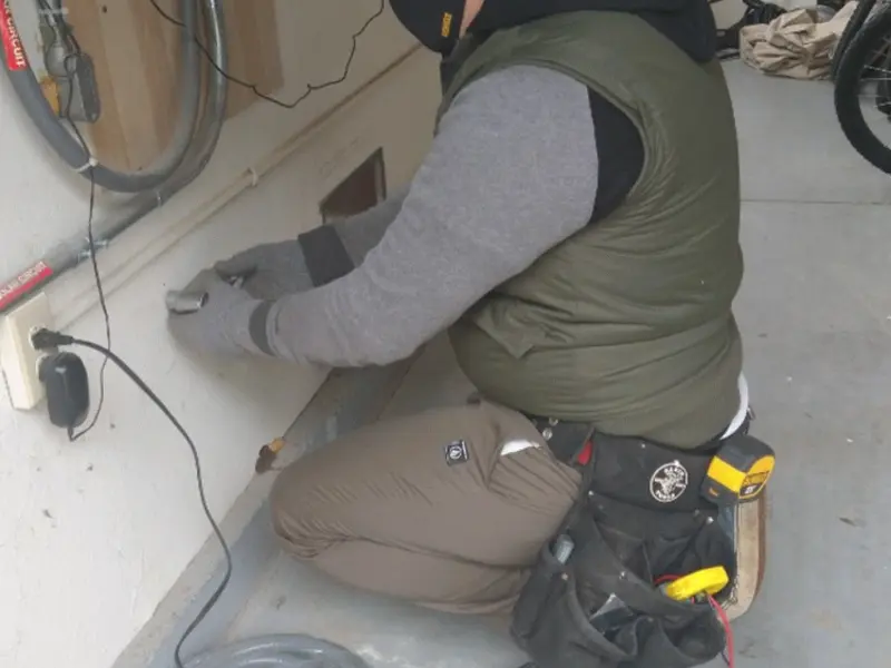 Electrician performing outlet wiring in a Sugarloaf garage